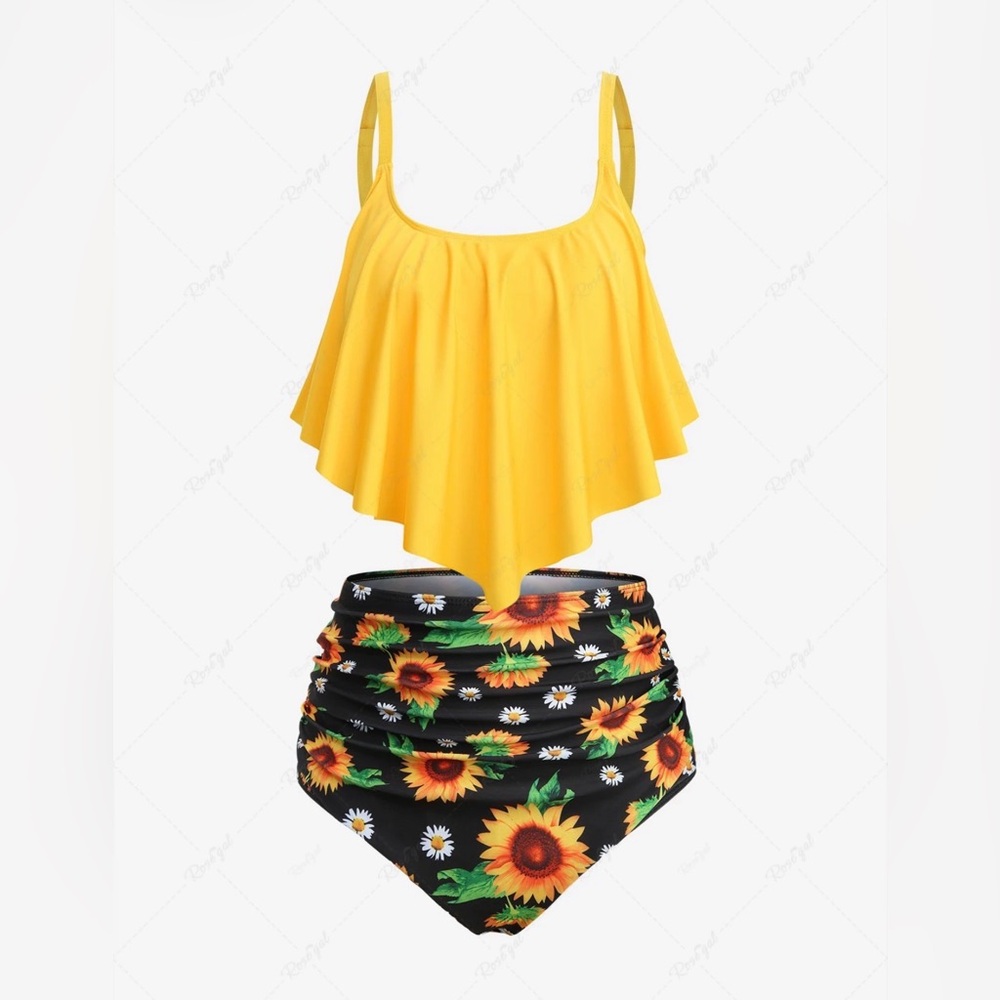 Rosegal Yellow Sunflower High Waist Bikini Set